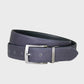Navy belt with a silver buckle on a light gray background