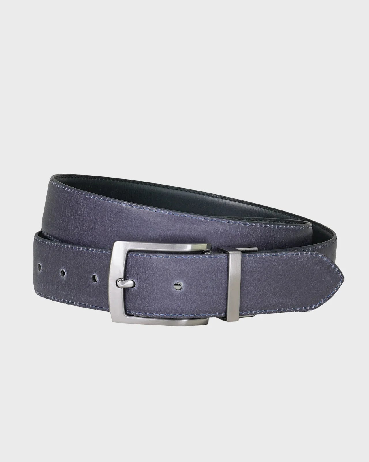 Navy belt with a silver buckle on a light gray background
