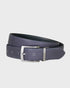 Navy belt with a silver buckle on a light gray background