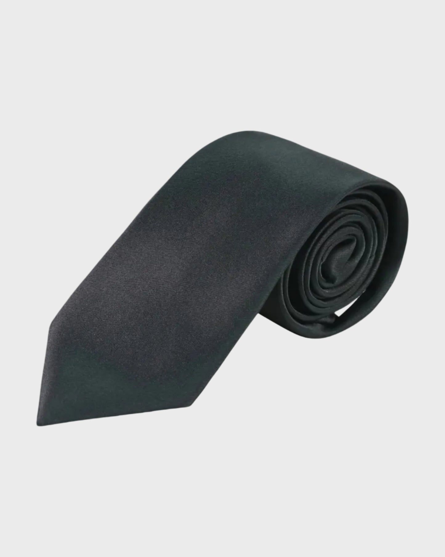 Rolled up black Sophos tie on a white background