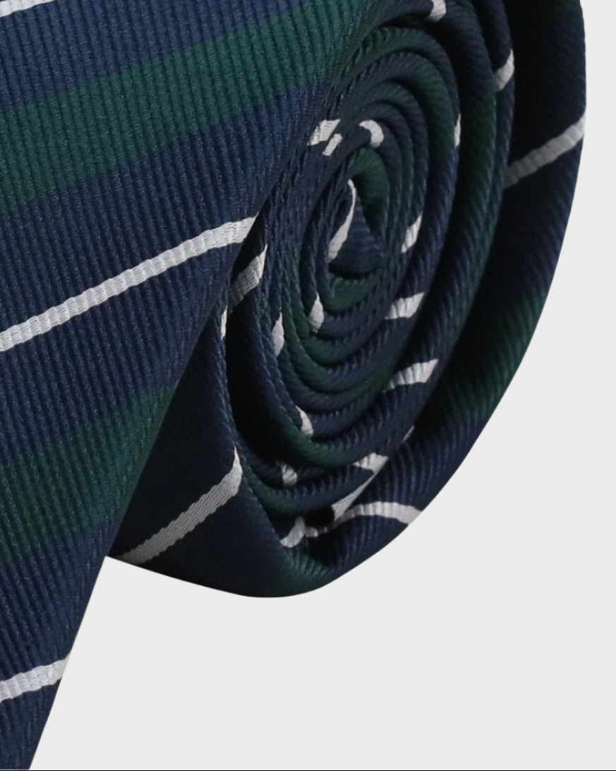 Rolled-up blue and green striped tie on a white background