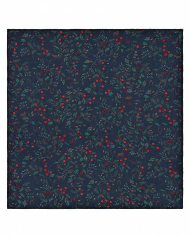 Navy blue fabric with red and green pattern
