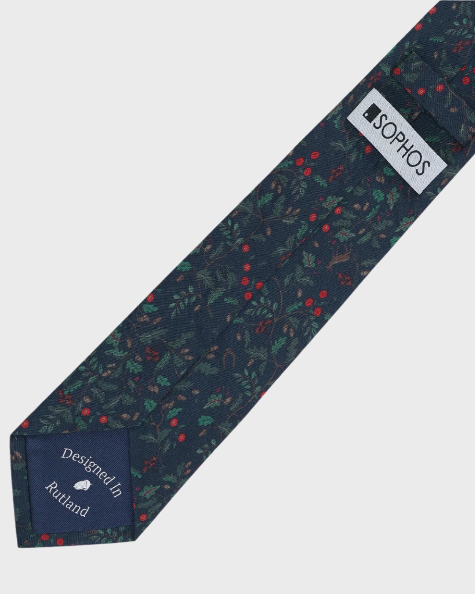 Navy tie with pattern and 'SOPHOS' label on a light gray background