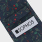Navy patterned tie with a Sophos logo label.