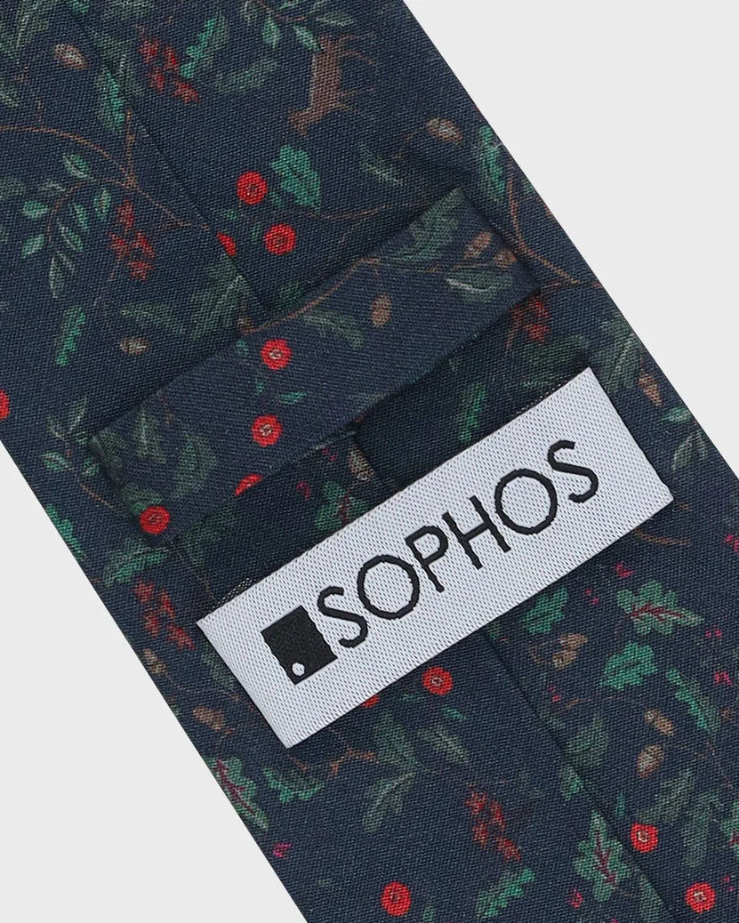 Navy patterned tie with a Sophos logo label.