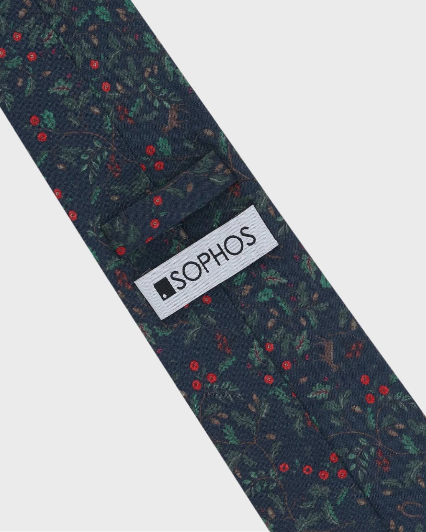 Navy tie with pattern and 'Sophos' label on a white background