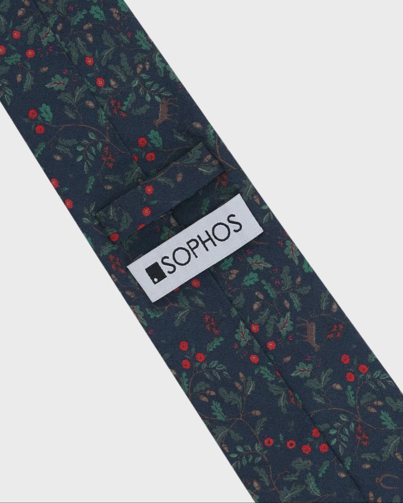 Navy tie with pattern and 'Sophos' label on a white background