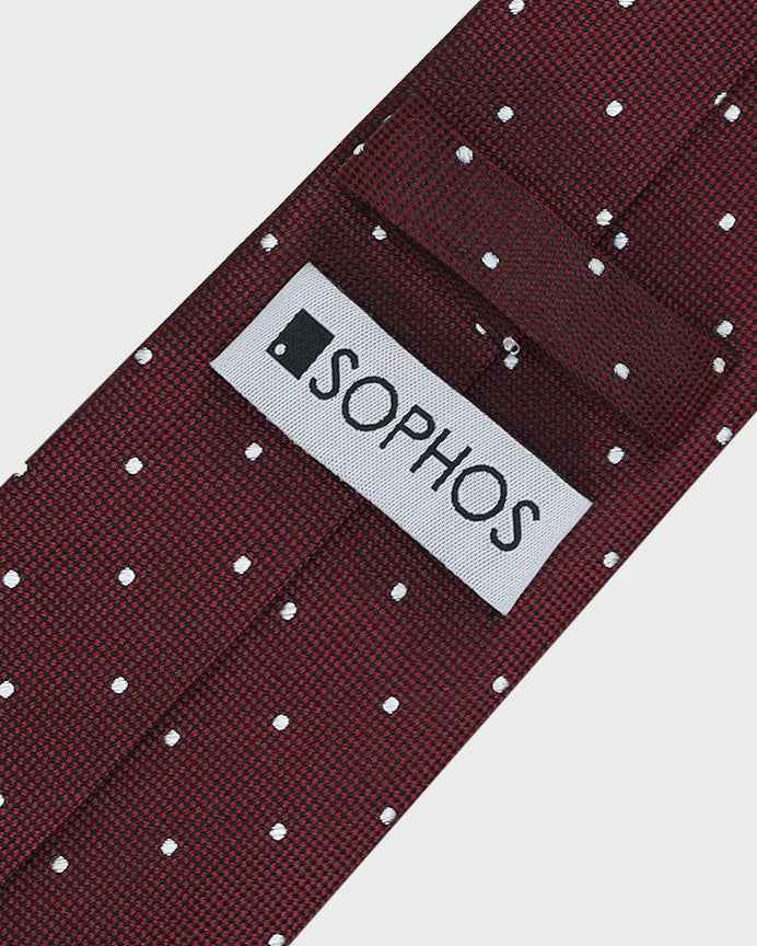 Maroon tie with white polka dots and a visible 'SOPHOS' label on a light gray background