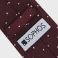 Maroon tie with white polka dots and a Sophos label on a white background