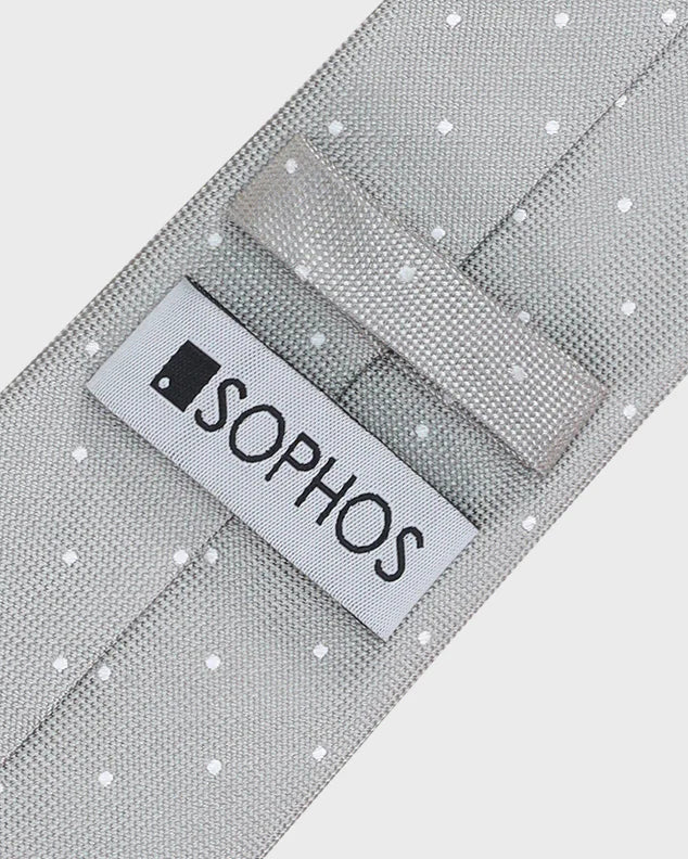 Gray tie with a Sophos label on a light gray background