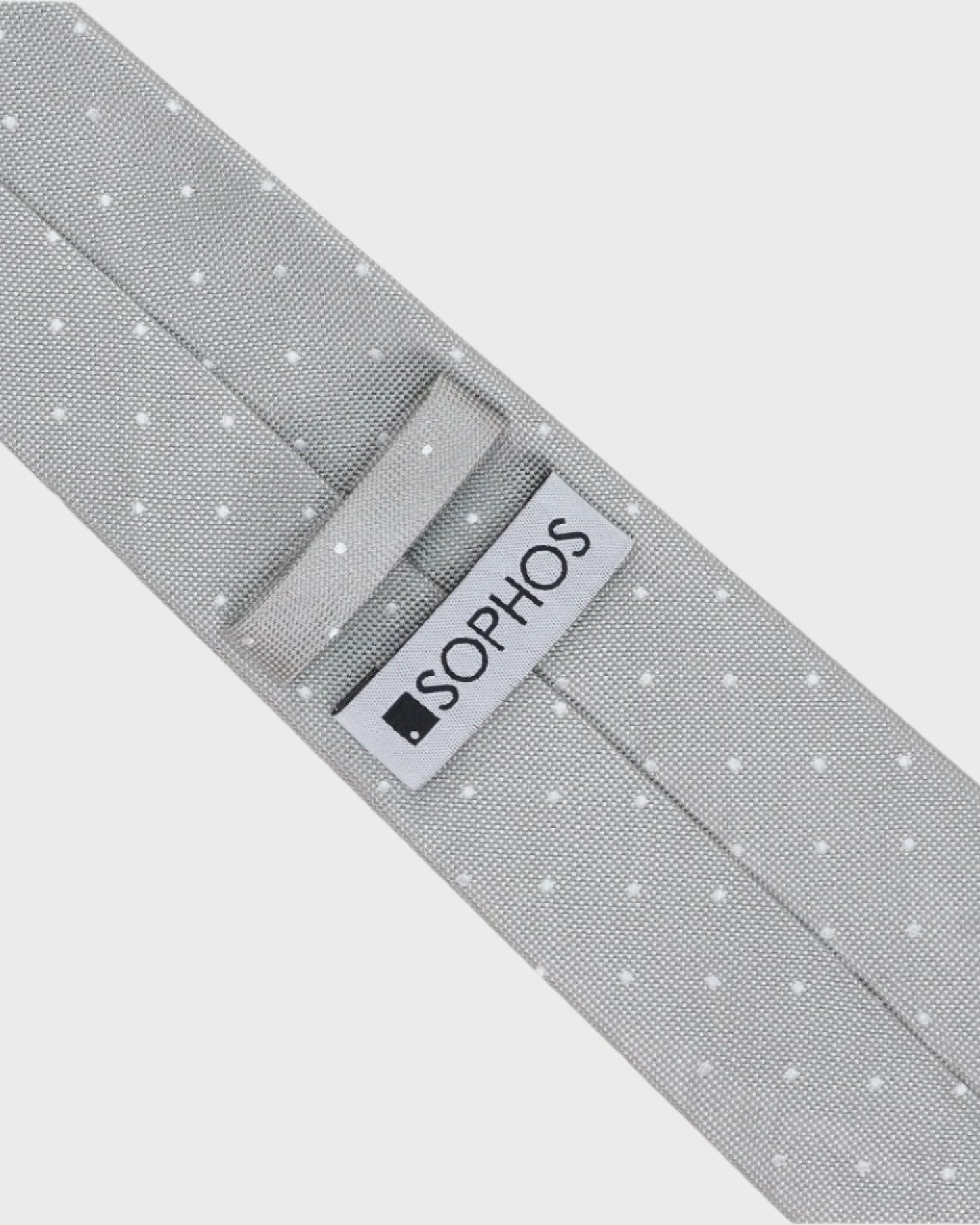Gray tie with white polka dots and a visible 'SOPHOS' logo on a light gray background