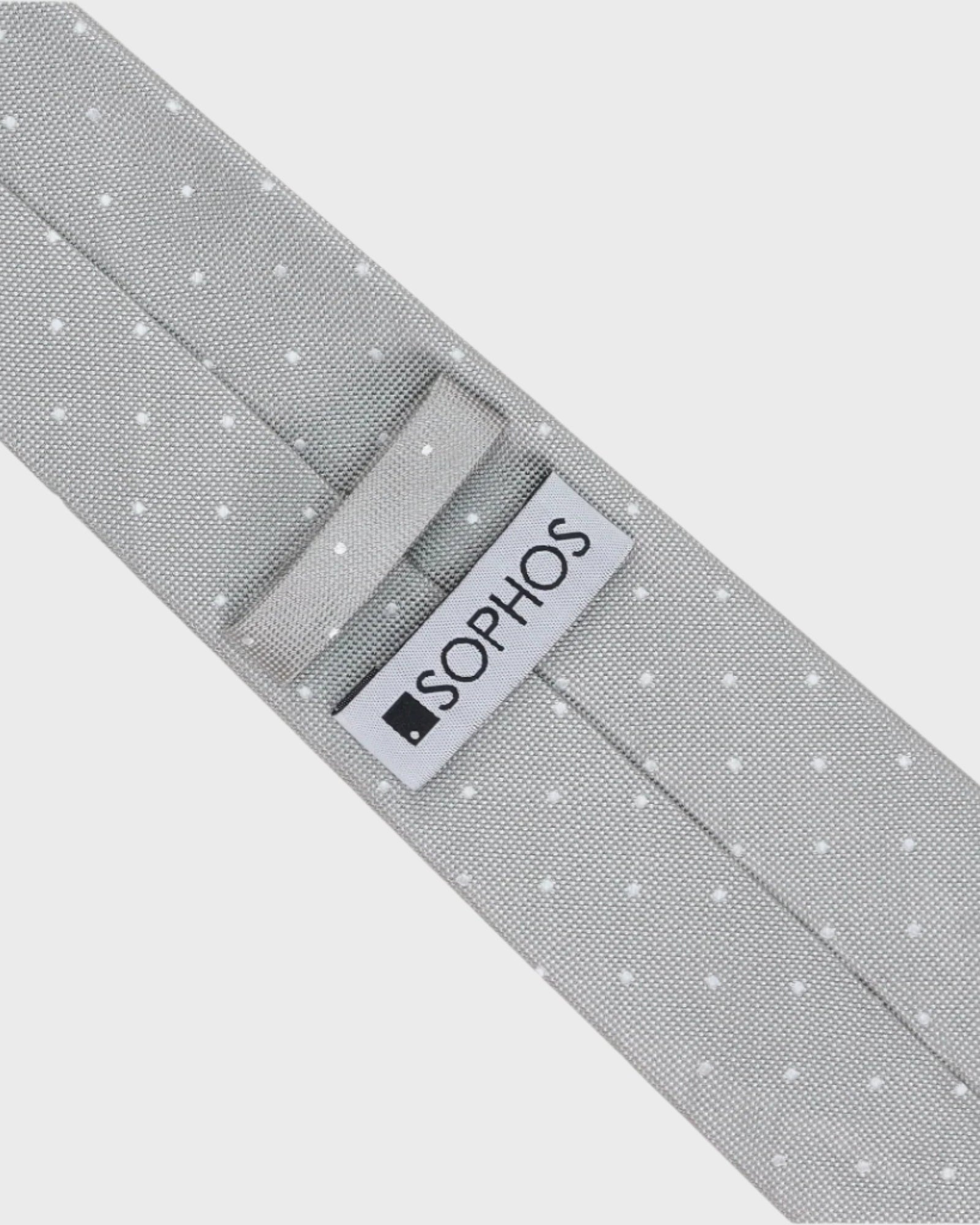 Gray tie with white polka dots and a visible 'SOPHOS' logo on a light gray background