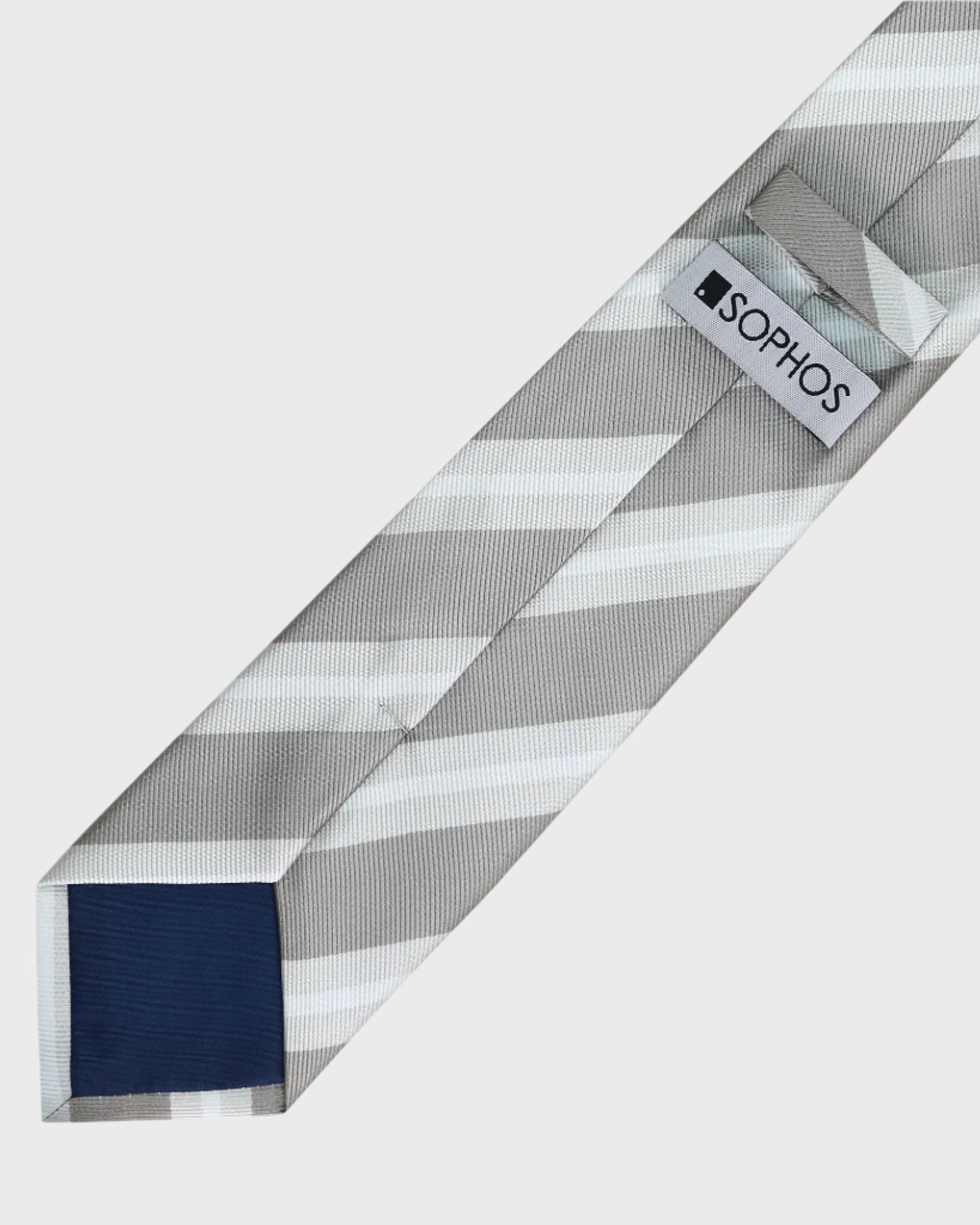 Gray and white patterned tie with a Sophos label on a white background