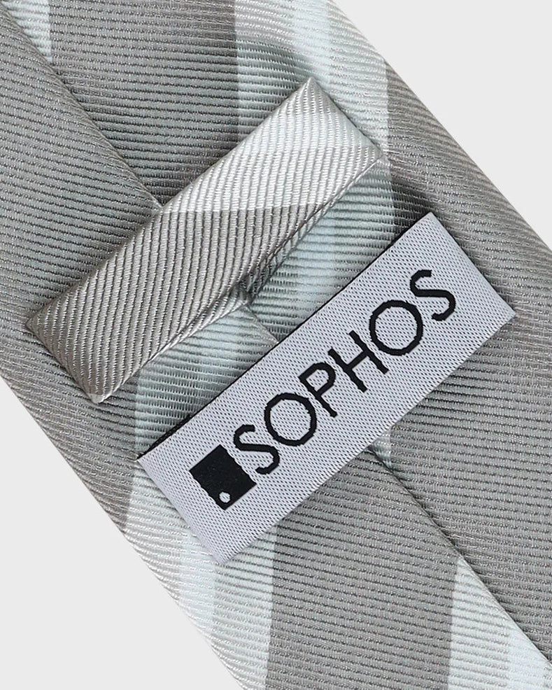 Gray tie with a Sophos label on a light gray background