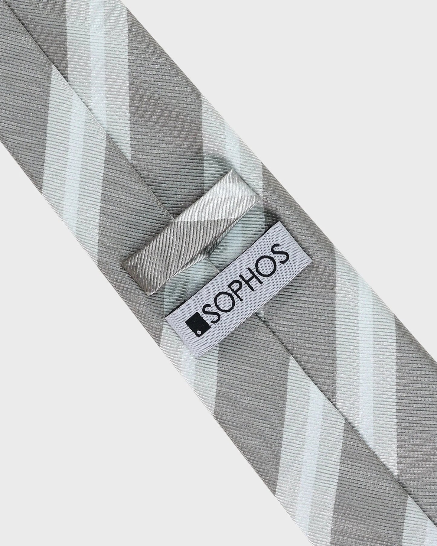 Gray and white striped tie with a Sophos label on a light gray background