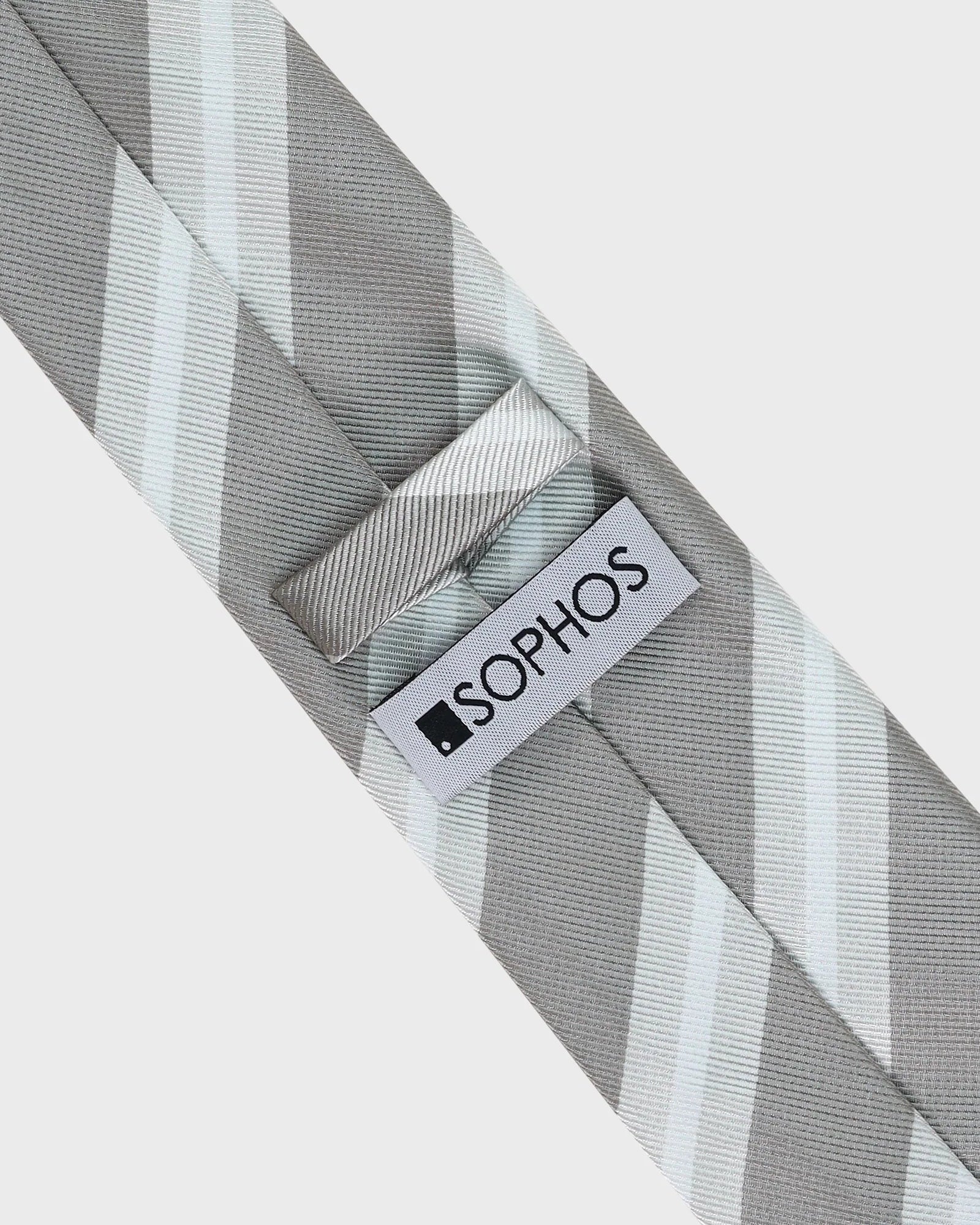 Gray and white striped tie with a Sophos label on a light gray background