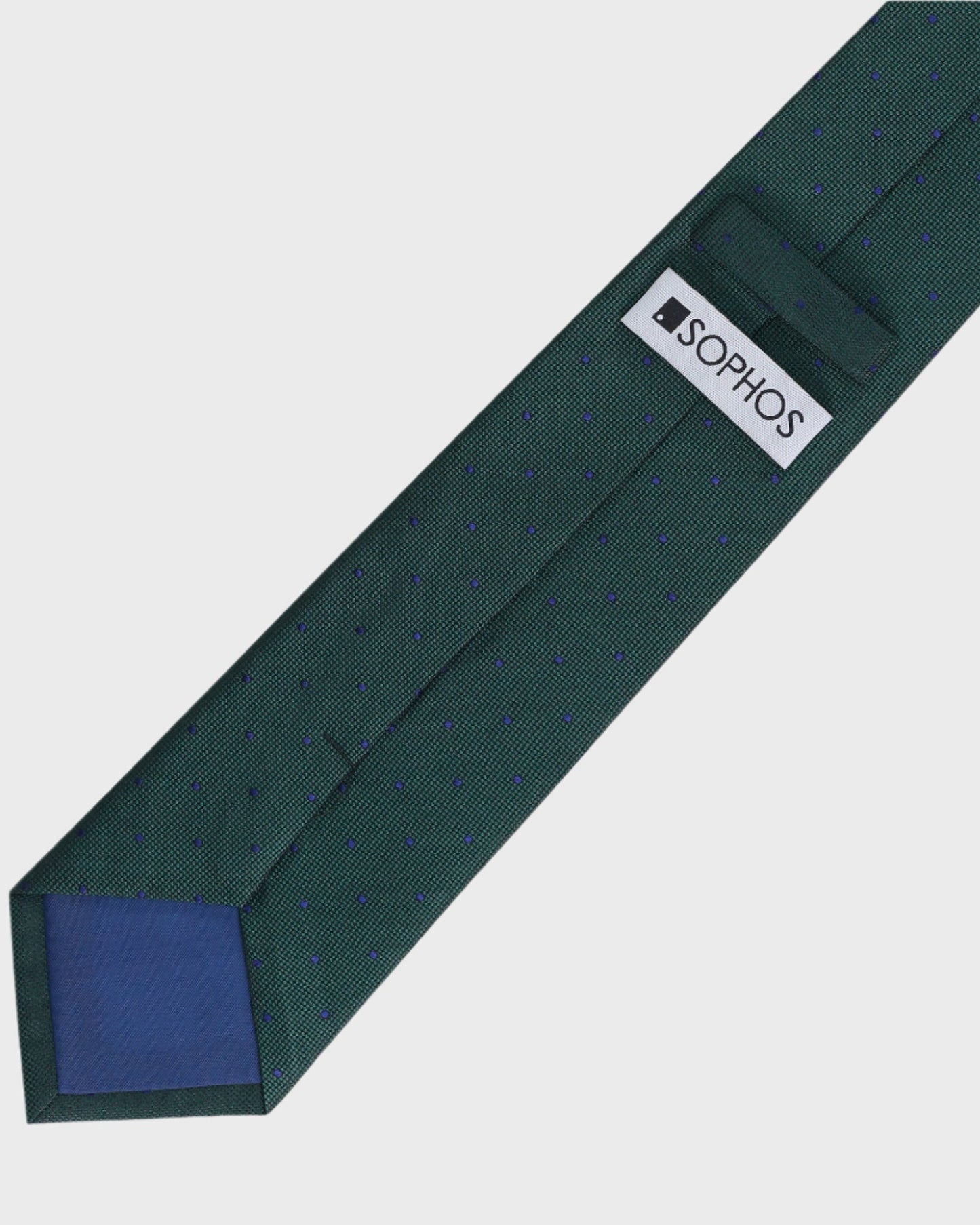 Green tie with a blue interior and 'SOPHOS' label on a light gray background