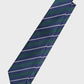Navy and green striped tie on a light gray background