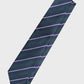 Navy and green striped tie on a light gray background