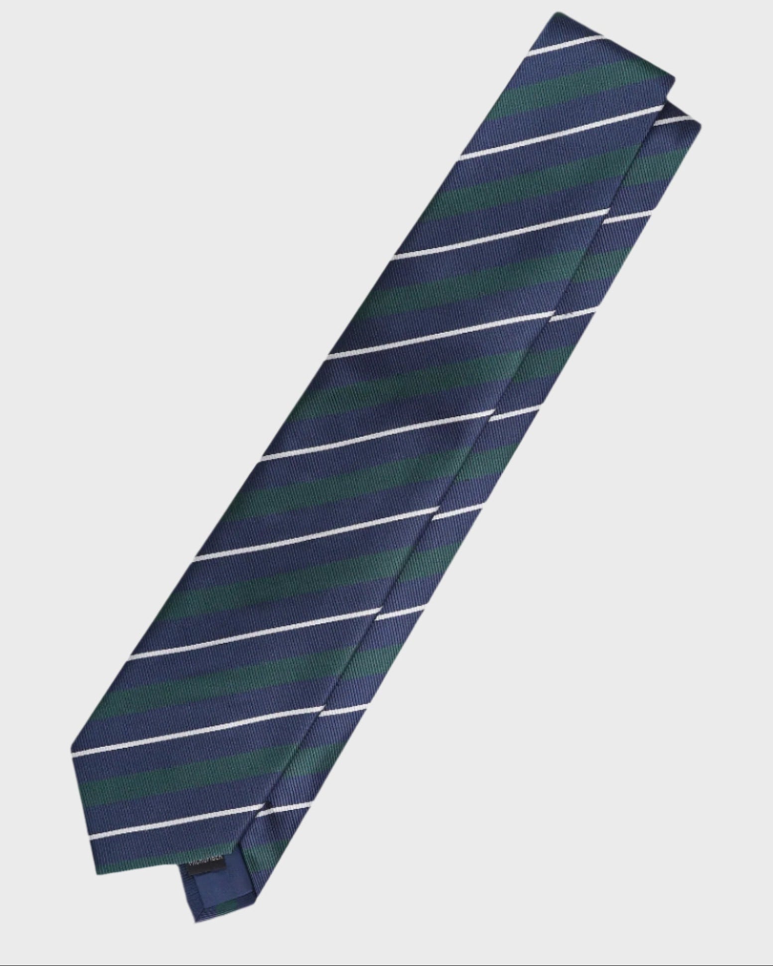Navy and green striped tie on a light gray background