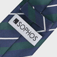 Navy and green striped tie with a Sophos label on a white background