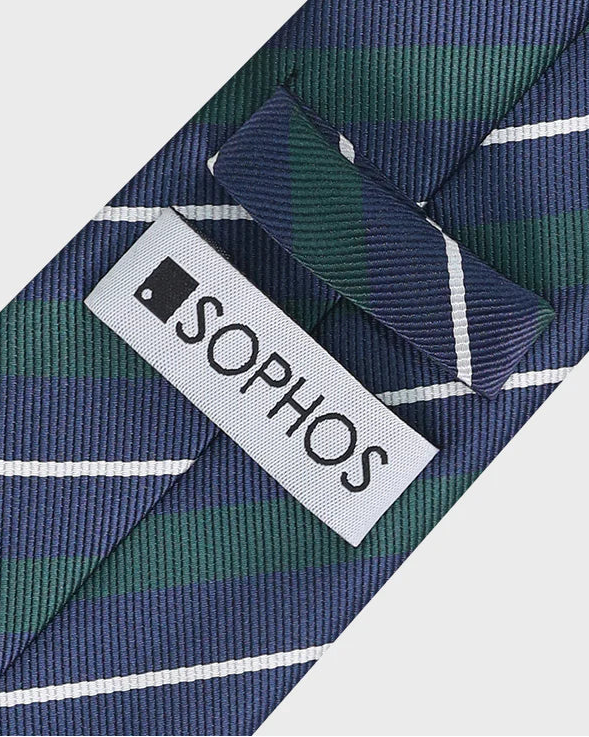 Navy and green striped tie with a Sophos label on a white background