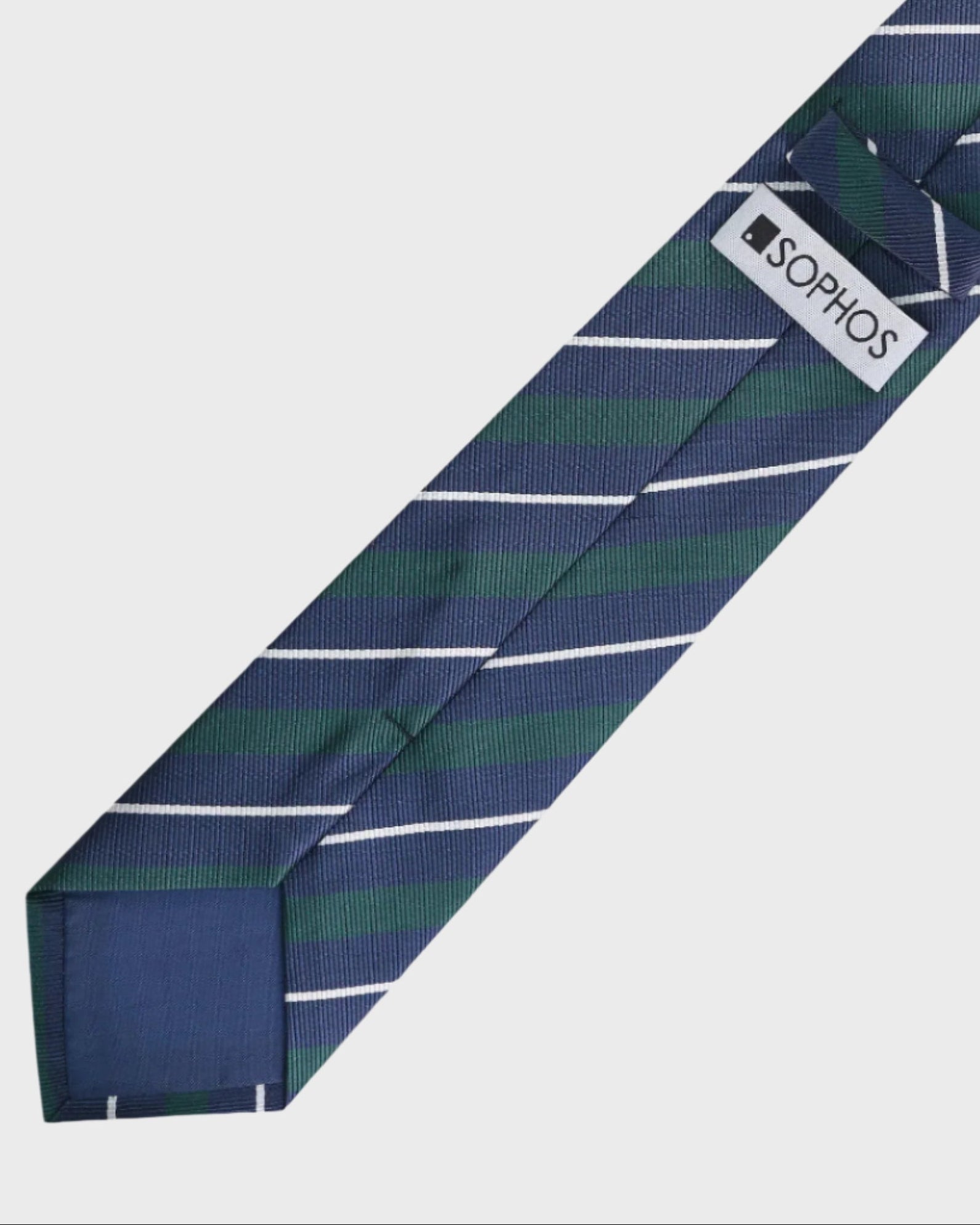 Navy and green striped tie with a Sophos logo on a light gray background