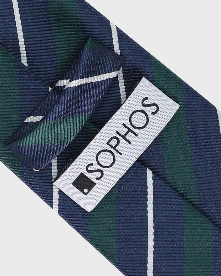 Navy and green tie with a Sophos label on a white background