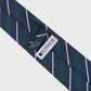 Navy and green striped tie with a Sophos logo tag on a white background