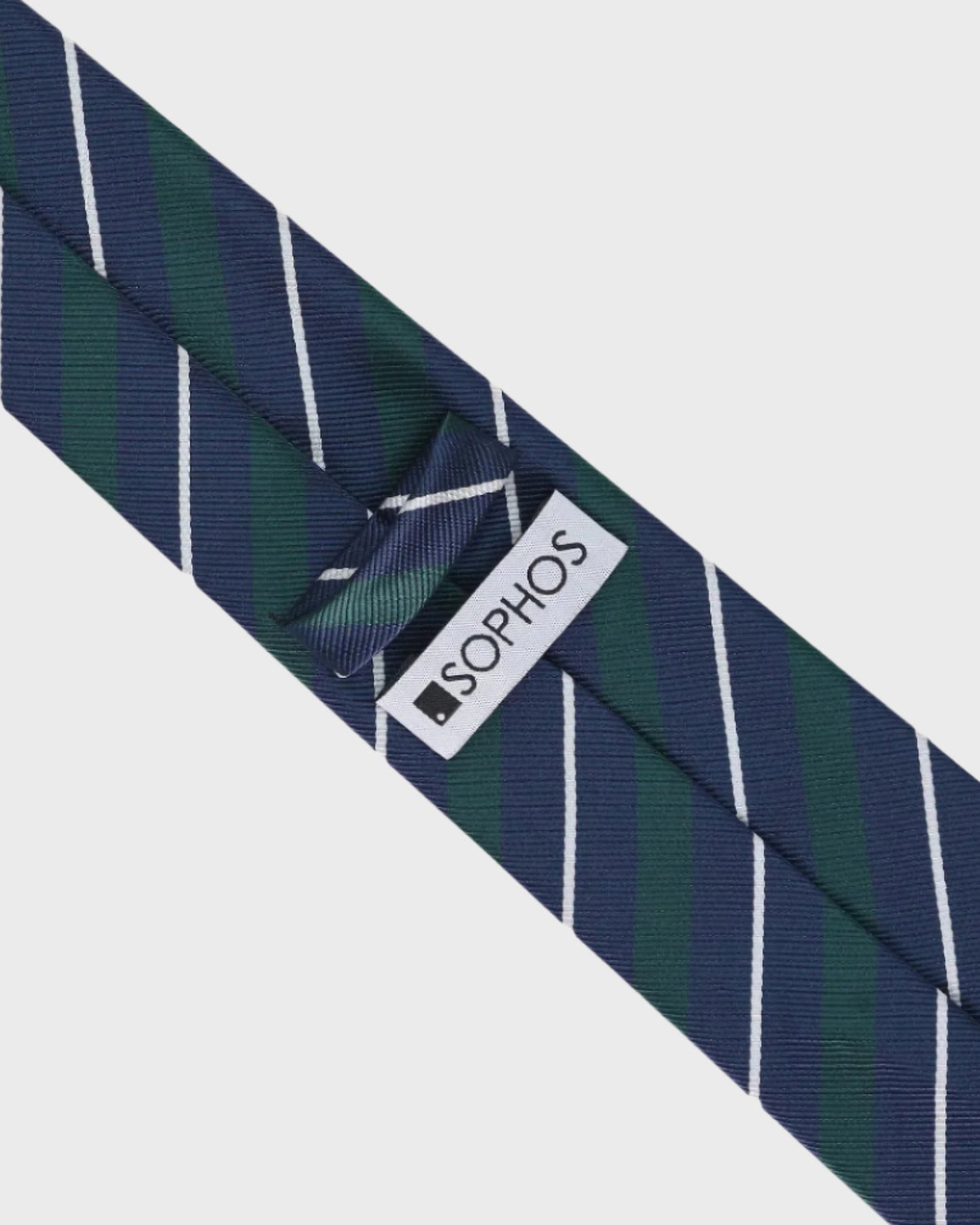 Navy and green striped tie with a Sophos logo tag on a white background