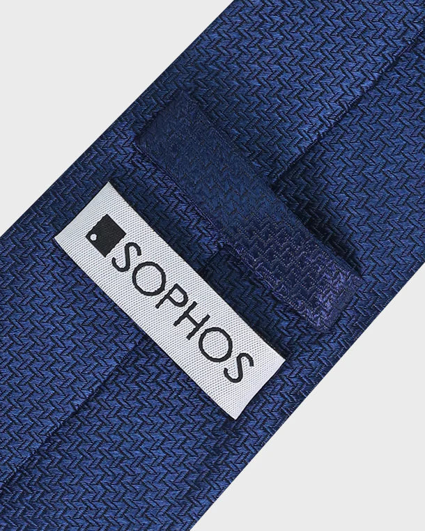Navy blue textured tie with a Sophos label on a light gray background