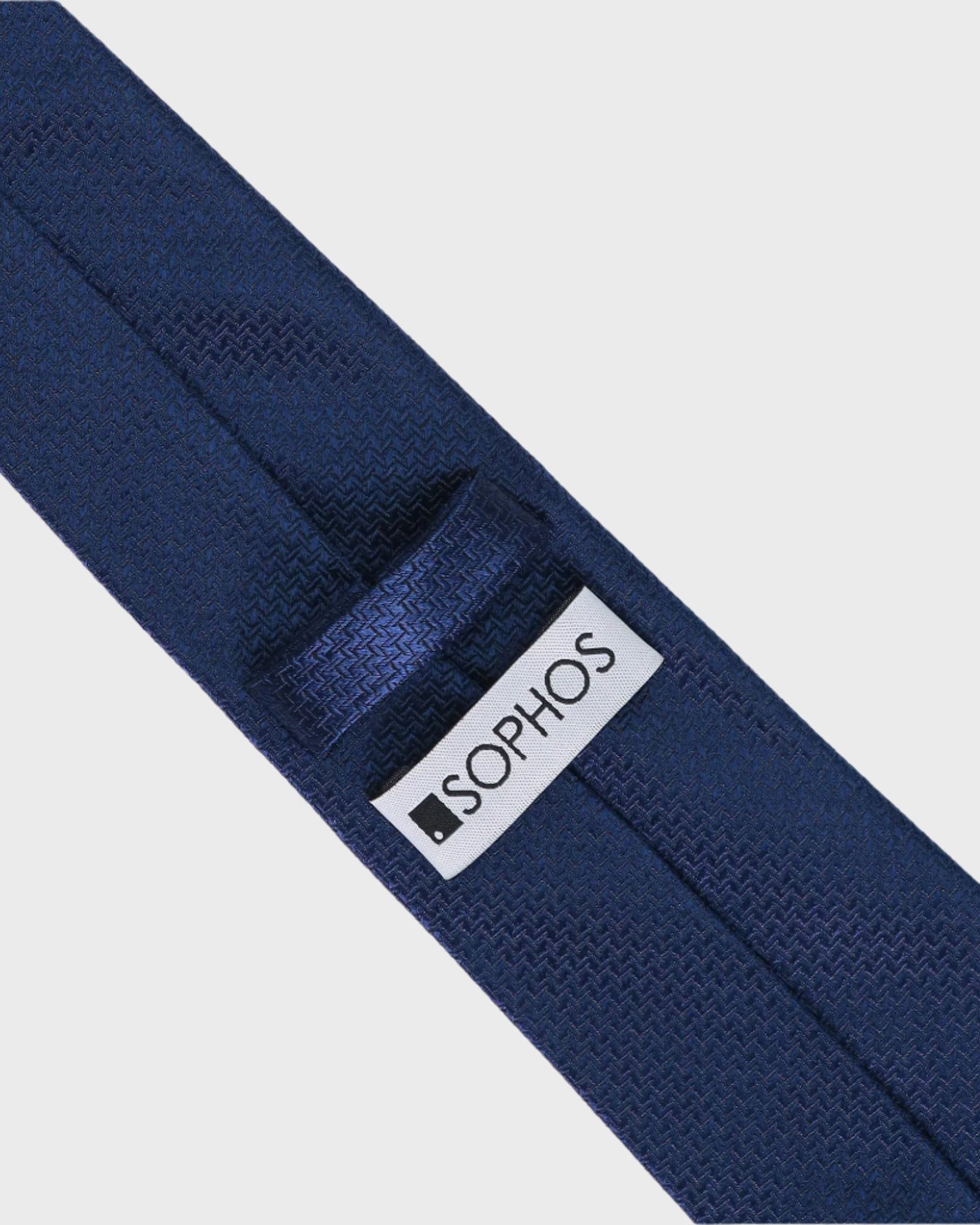 Navy blue tie with a Sophos logo on a light gray background