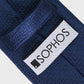 Navy blue textured tie with a Sophos logo on a light gray background