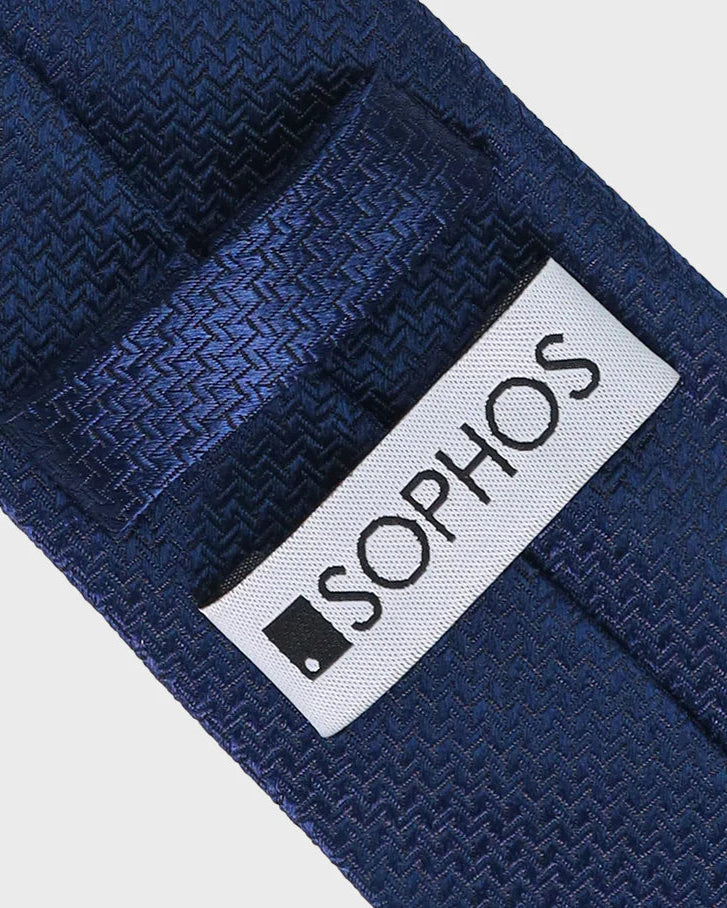 Navy blue textured tie with a Sophos logo on a light gray background