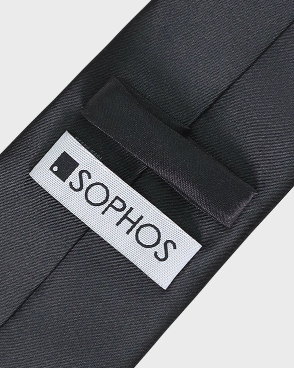 Black tie with a Sophos logo on a white background