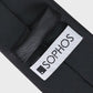 Black tie with a Sophos logo tag on a light gray background