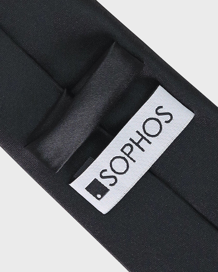 Black tie with a Sophos logo tag on a light gray background