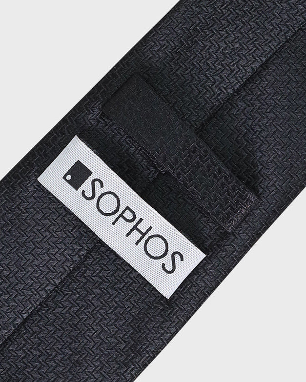 Black textured tie with a visible Sophos logo on a light gray background