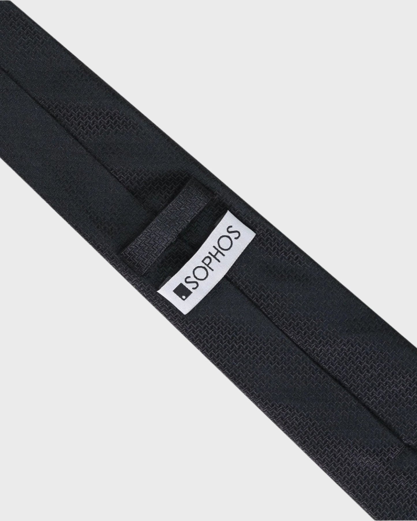 Black tie with a visible 'SOPHOS' logo on a light gray background