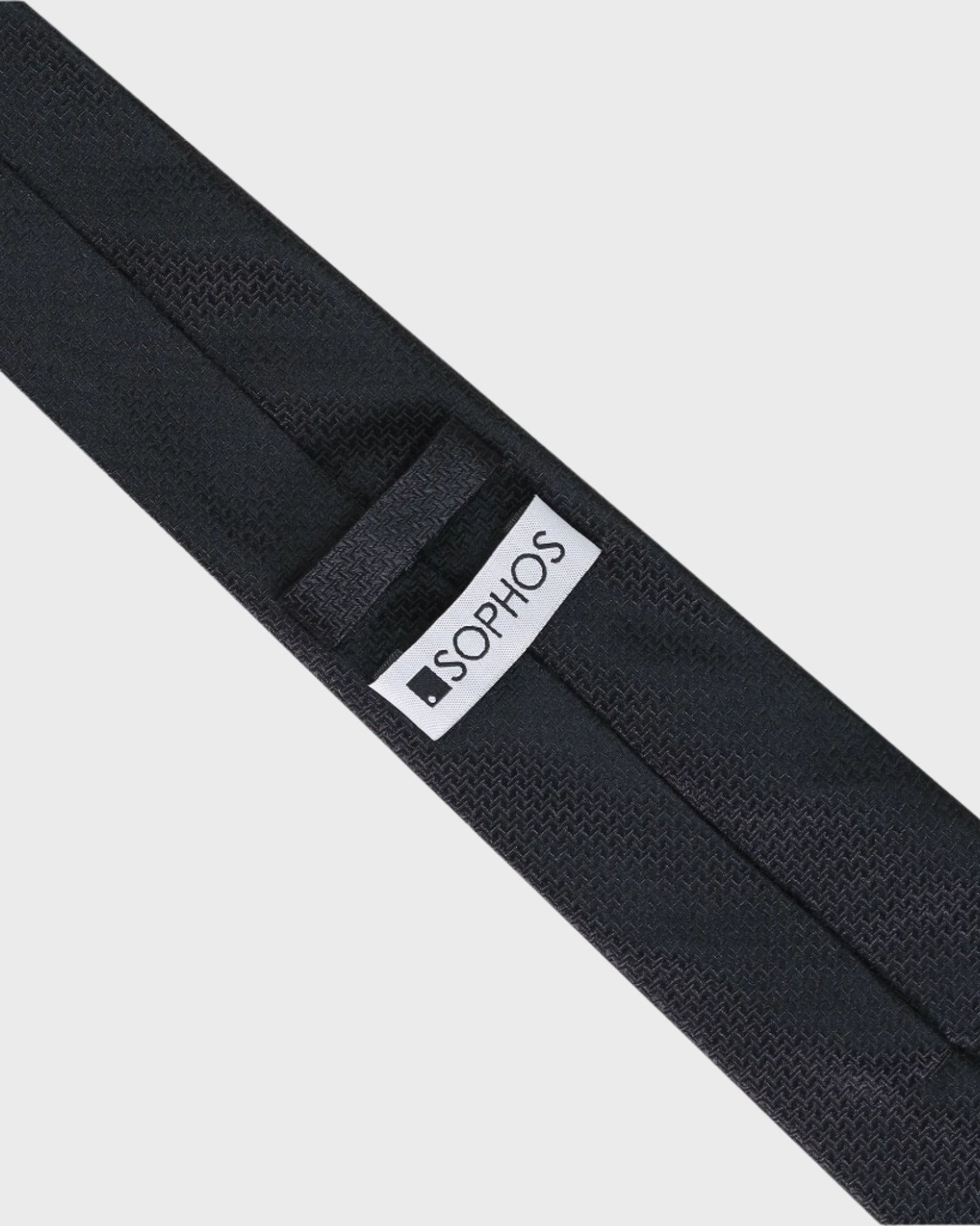 Black tie with a visible 'SOPHOS' logo on a light gray background