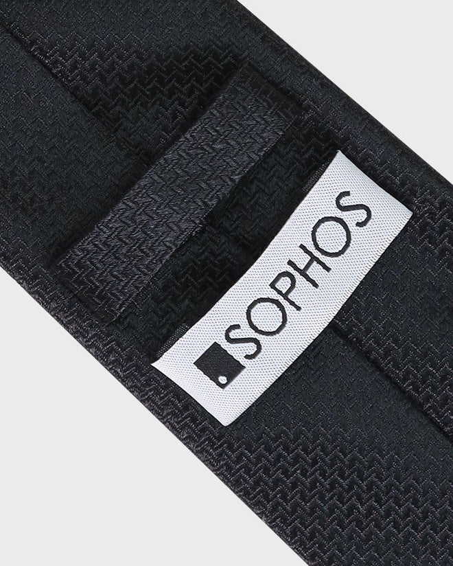 Black textured tie with a Sophos logo on a light gray background
