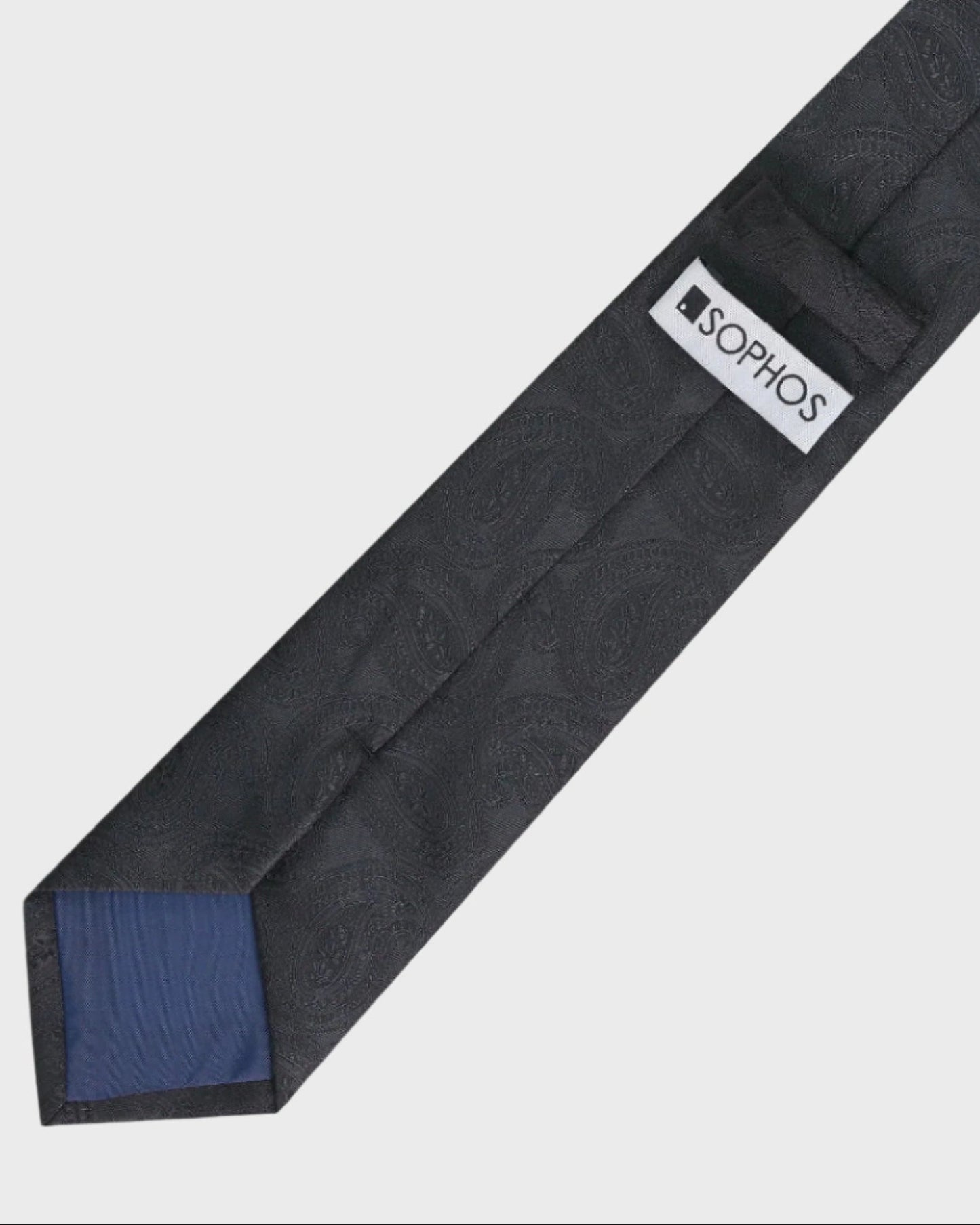 Black tie with a blue lining and Sophos logo on a light gray background