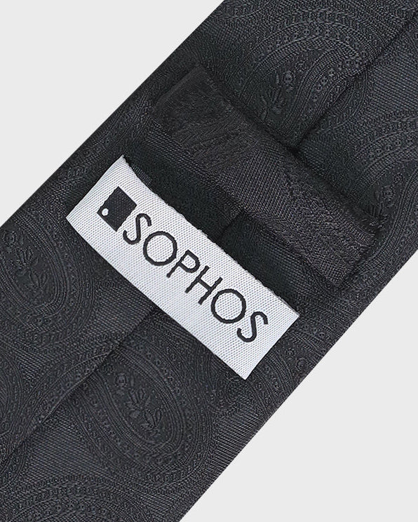Black tie with a Sophos label on a light gray background