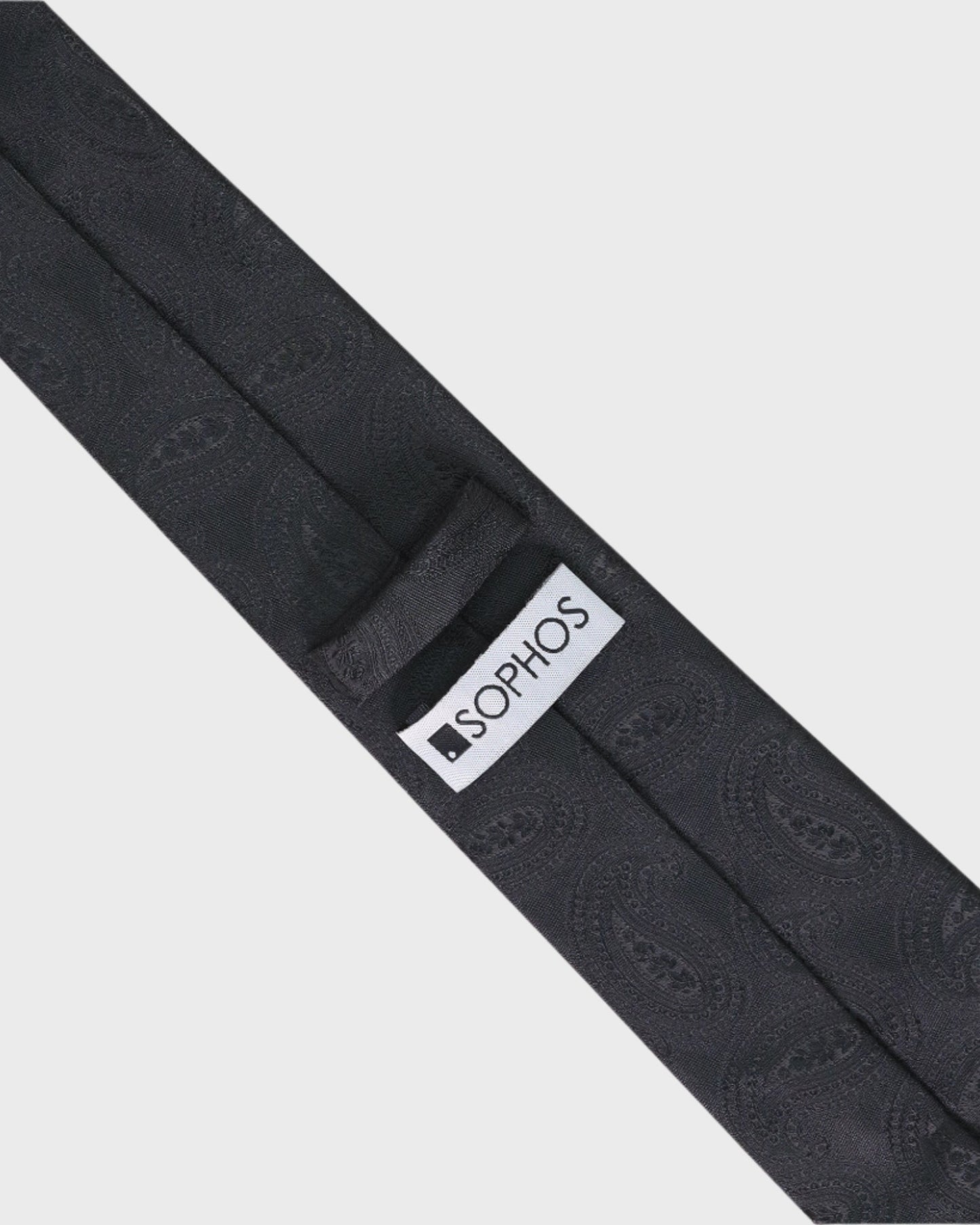 Black tie with a visible Sophos logo on a white background