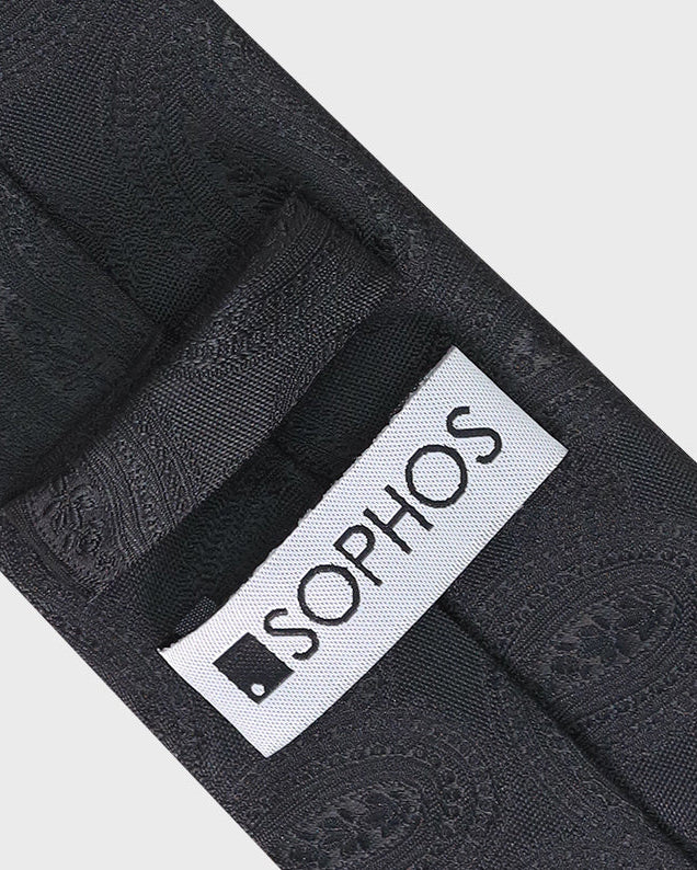 Black tie with a Sophos logo on a white background