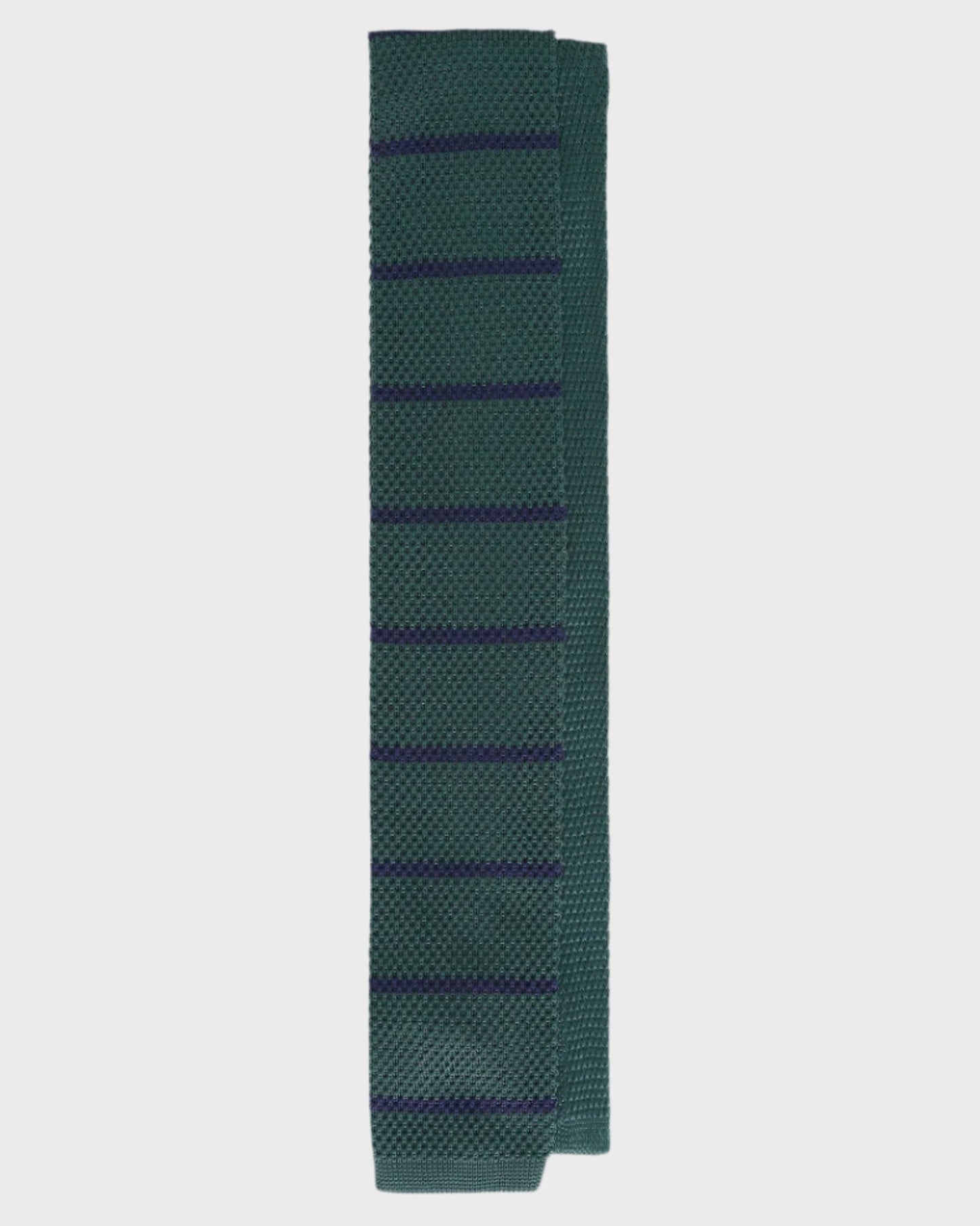 Green knitted tie with dark blue stripes on a white background