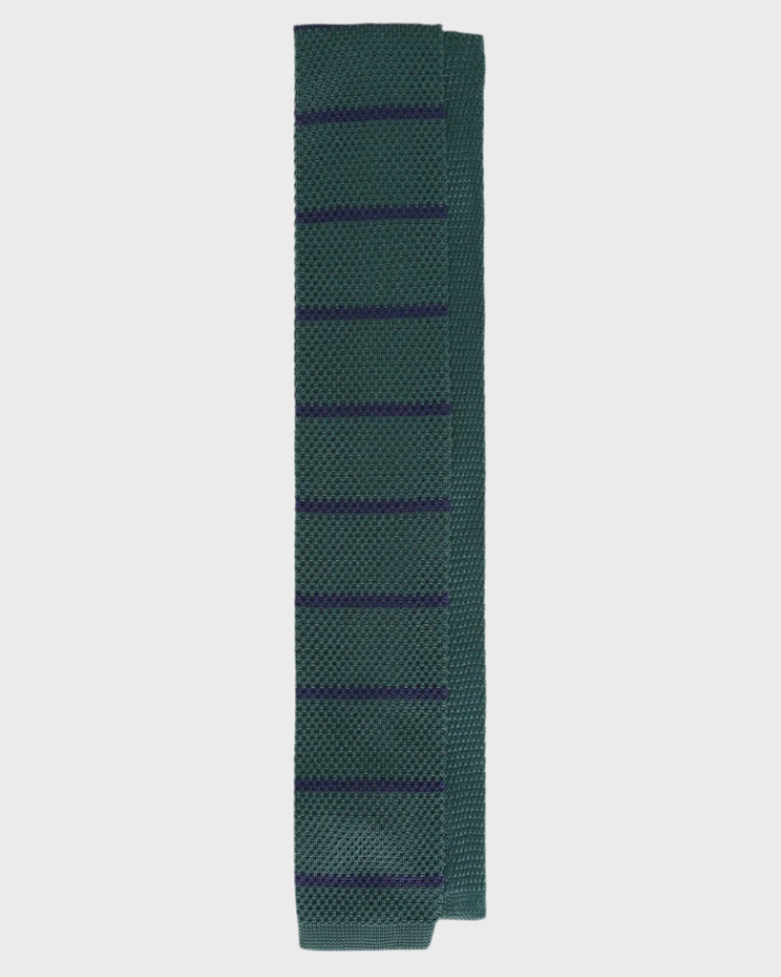 Green knitted tie with dark blue stripes on a white background