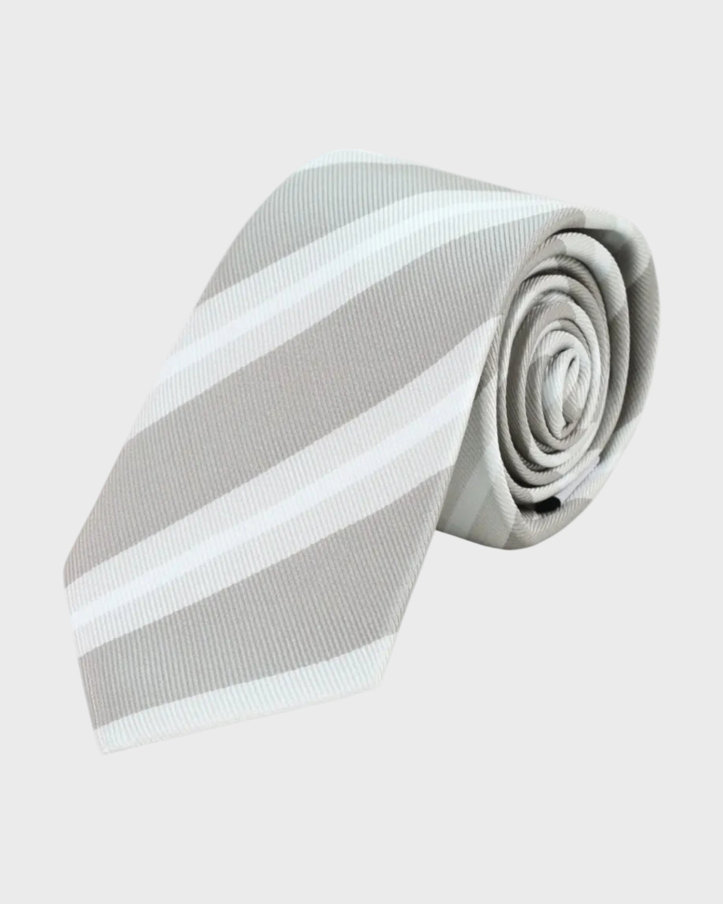 Gray and white striped tie on a light gray background