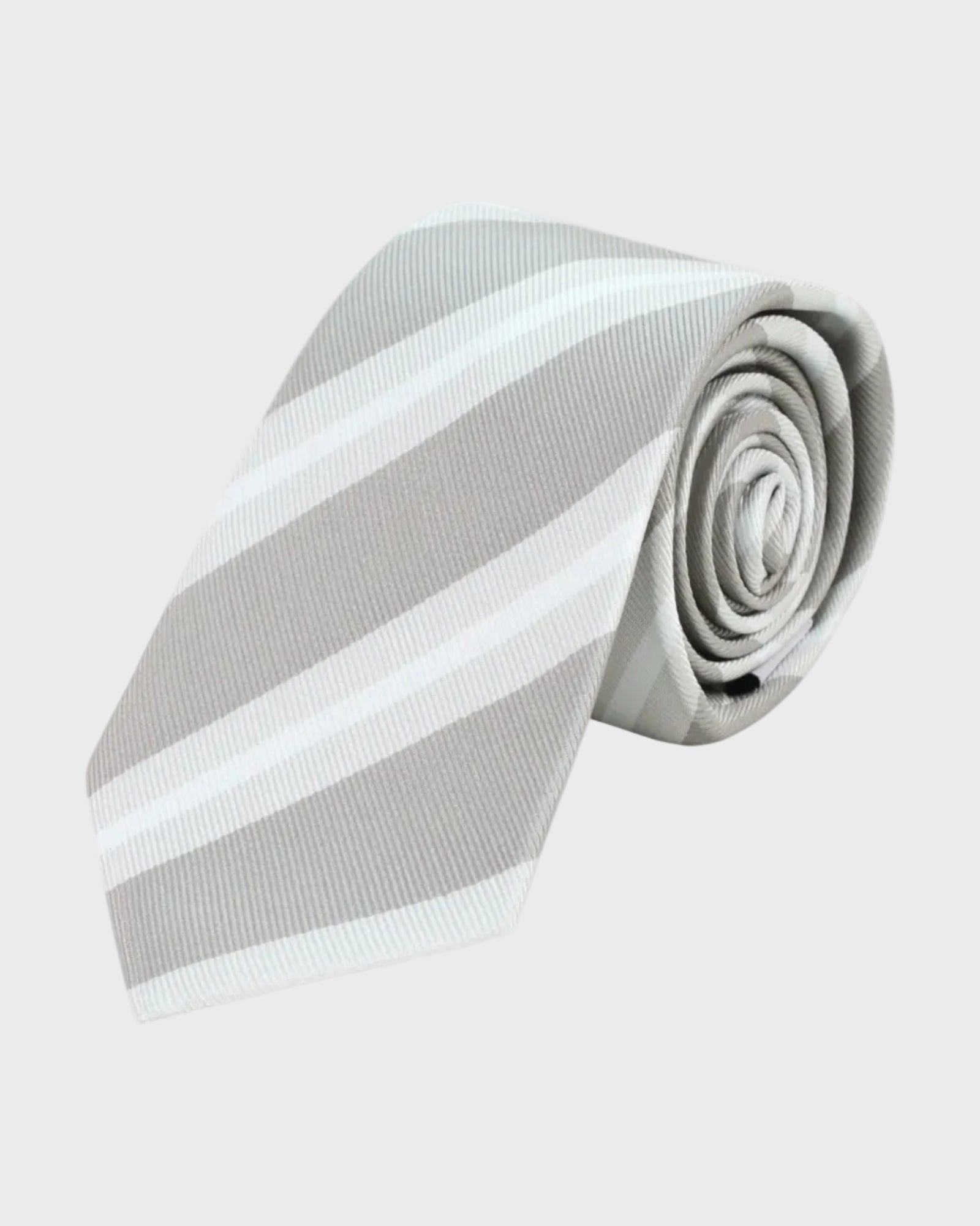 Gray and white striped tie on a light gray background