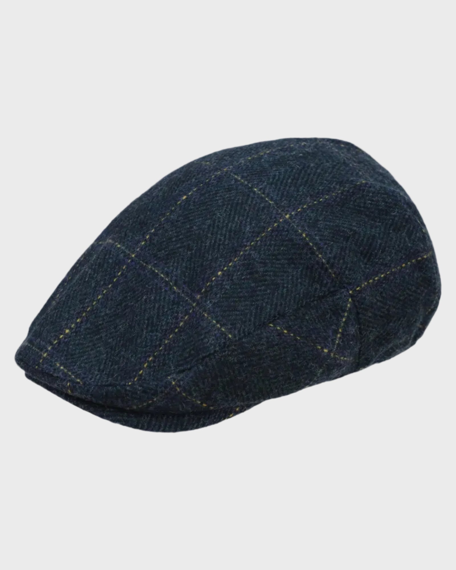 Blue checkered flat cap on a light gray background
